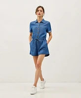 Modenaire Women's Utility Button-Up Drawstring Waist Romper