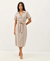 Modenaire Women's Striped Collared Waist Tie Button-Down Midi Dress