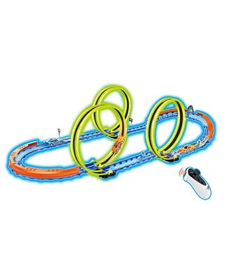 R/C car and track with three loops and glow trace technology.