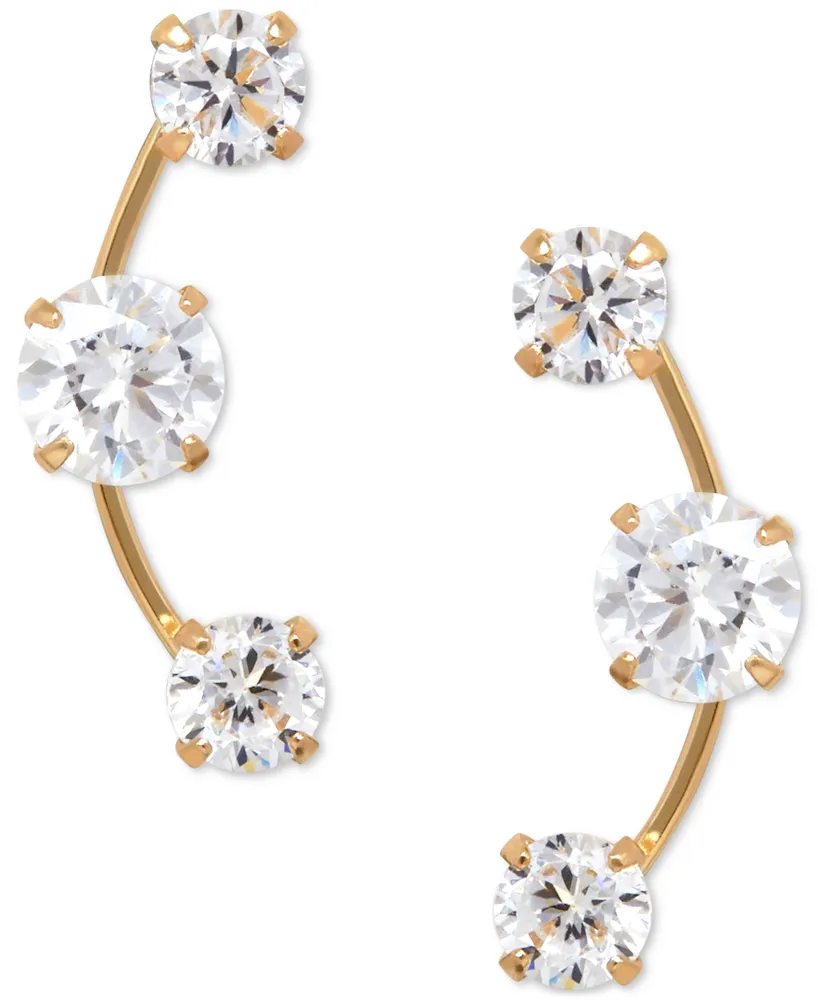 Cubic Zirconia 3-Stone Ear Climber Earrings 14k Yellow, White, or Rose Gold