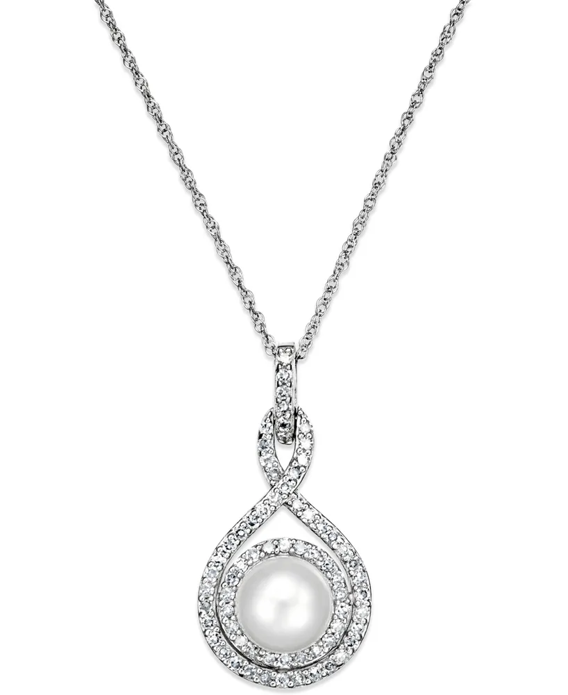 White Cultured Pearl (6-1/2mm) and Diamond (1/4 ct. t.w.) Pendant Necklace 14k Gold