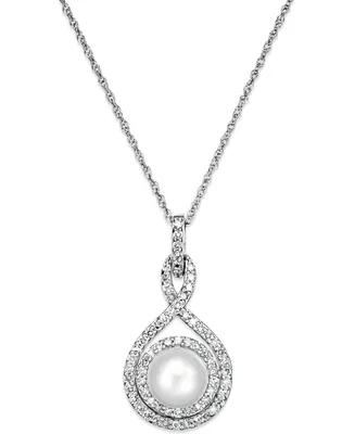 White Cultured Pearl (6-1/2mm) and Diamond (1/4 ct. t.w.) Pendant Necklace 14k Gold