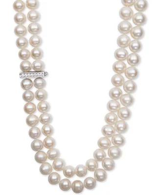 White Cultured Freshwater Pearl (8-1/2mm) and Cubic Zirconia Double Strand Necklace