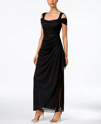 Alex Evenings Petite Cold-Shoulder Draped Metallic Gown