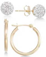 2-Pc. Set Crystal Fireball Stud and Polished Hoop Earrings in 10k Gold