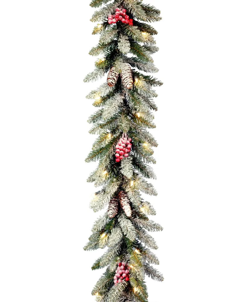 National Tree Company 9' X 10" Dunhill Fir Garland with Snow, Red Berries, Cones and 50 Clear Lights