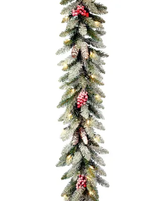 National Tree Company 9' X 10" Dunhill Fir Garland with Snow, Red Berries, Cones and 50 Clear Lights