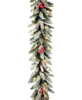 National Tree Company 9' X 10" Dunhill Fir Garland with Snow, Red Berries, Cones and 50 Clear Lights