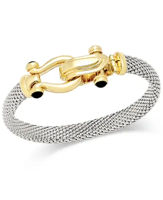 Italian Gold Horseshoe Bangle Bracelet with Black Spinel Accents in Sterling Silver and 14k Gold over Silver - Two