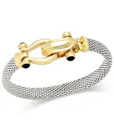 Italian Gold Horseshoe Bangle Bracelet with Black Spinel Accents in Sterling Silver and 14k Gold over Silver - Two