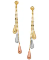 Tri-Gold Linear Drop Earrings in 14k Gold, White Gold and Rose Gold, 2 inch