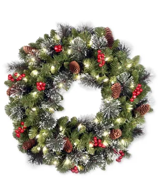 National Tree Company 24" Crestwood Spruce Wreath With Silver Bristle, Pine Cones, Berries, Glitter & 50 Led Lights