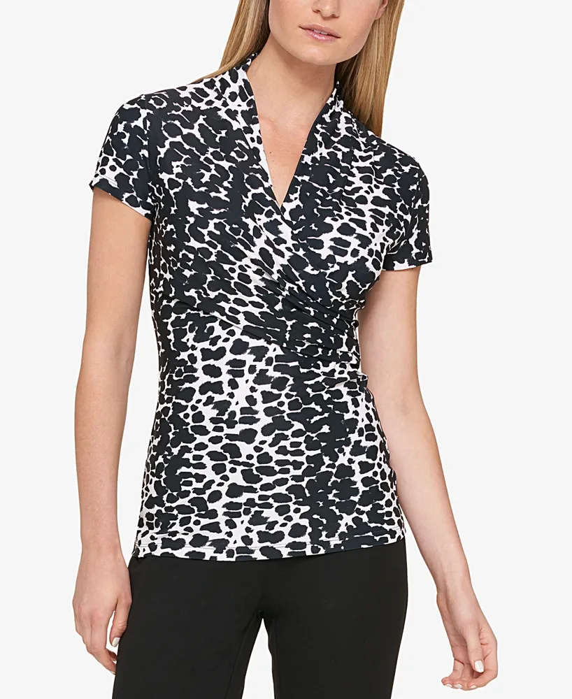 Dkny Petite Animal-Print Draped Surplice Blouse, Created for Macy's