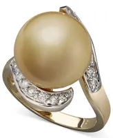 14k Gold Ring, Cultured Golden South Sea Pearl (14mm) and Diamond (1/3 ct. t.w)