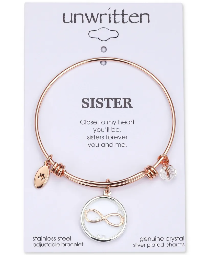 Unwritten Infinity Glass Shaker Charm Adjustable Bangle Bracelet in Rose Gold-Tone Stainless Steel with Silver Plated Charms