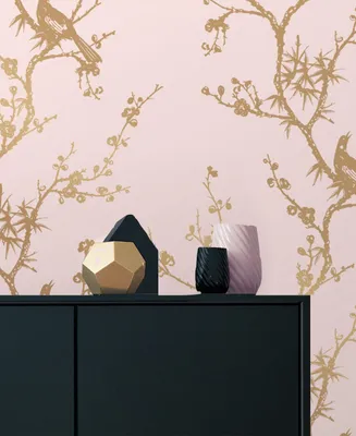 Cynthia Rowley for Tempaper Bird Watching Rose Pink & Gold Peel and Stick Wallpaper