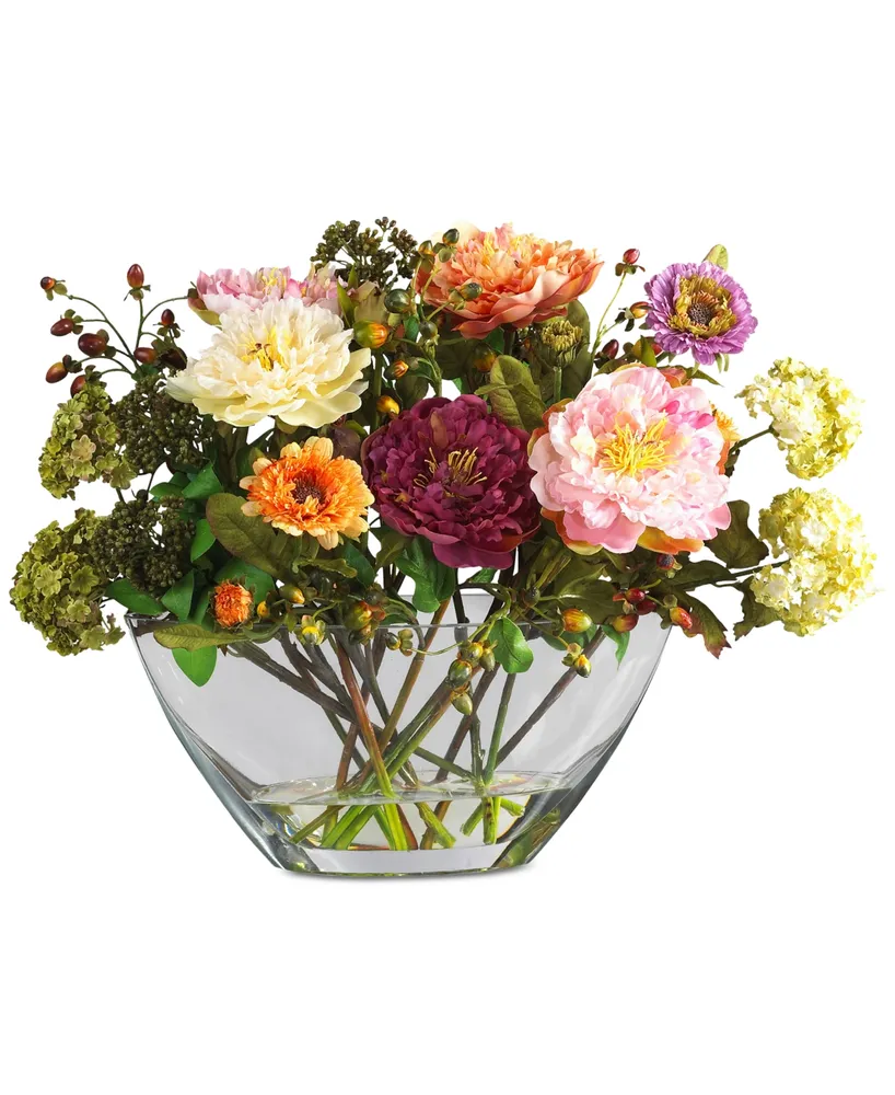 Nearly Natural Peony Flower Arrangement with Glass Vase