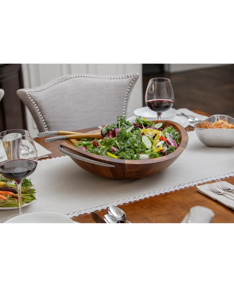 Nambe Braid 20" 3 piece Wood Salad Bowl with Servers
