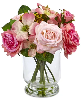 Nearly Natural 10'' Rose & Berry Arrangement in Glass Vase