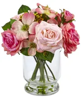 Nearly Natural 10'' Rose & Berry Arrangement in Glass Vase