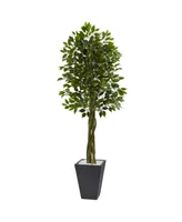 Nearly Natural 6.5' Ficus Uv-Resistant Indoor/Outdoor Artificial Tree in Slate-Tone Clay Planter