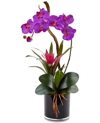 Nearly Natural Dark Purple Orchid & Bromeliad Artificial Arrangement in Glossy Black Cylinder Vase