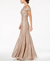 R & M Richards Off-The-Shoulder Lace Gown