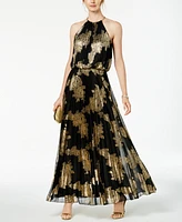 Msk Petite Pleated Gold-Print Gown