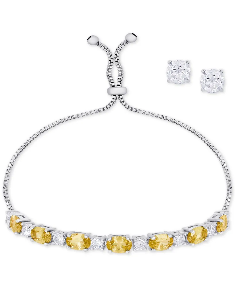 Simulated Citrine Slider Bracelet & Cubic Zirconia Stud Earrings Set In Silver-Plate, November Birthstone