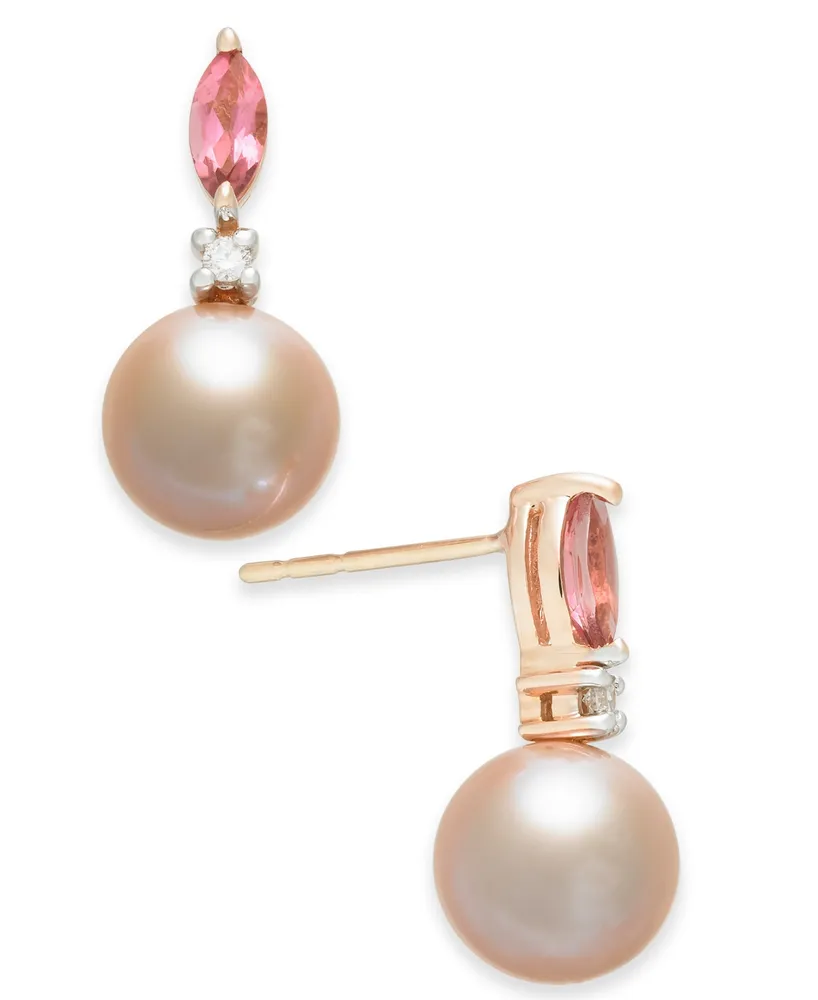 Pink Cultured Freshwater Pearl (7mm),Pink Tourmaline (1/3 ct. t.w.) & Diamond Accent Drop Earrings in 14k Rose Gold