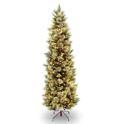 National Tree 7' Carolina Pine Slim Tree with Flocked Cones & Clear Lights