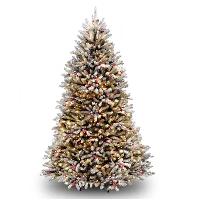 National Tree 7.5' Dunhill Fir Hinged Tree with Snow, Red Berries, Cones & 750 Clear Lights