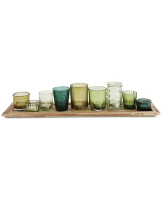 Round Glass Votive Holders on Wood Tray, Green, Set of 10