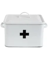 Enameled Metal First Aid Box with Lid and Swiss Cross, White and Black