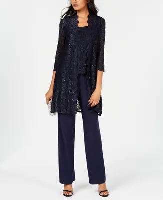 R & M Richards 3-Pc. Sequined Lace Pantsuit Jacket