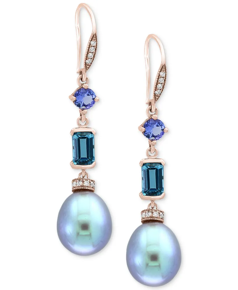 Effy Blue Cultured Freshwater Pearl (12 x 10mm), Multi-Gemstone (1-3/4 ct. t.w.) & Diamond (1/8 ct. t.w.) Drop Earrings in 14k Rose Gold