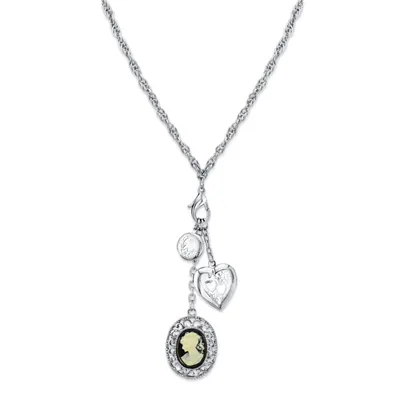 2028 Silver-Tone Heart and Black Oval Cameo Charm Necklace 26"