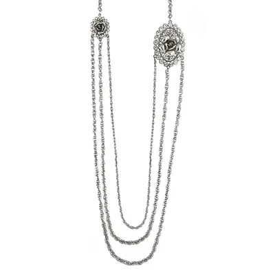 2028 Silver-Tone Crystal Flower Triple Chain Necklace 30"