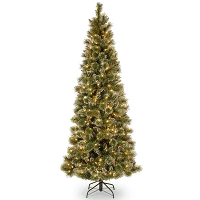 National Tree 6.5' Glittery Bristle Pine Slim Tree with 400 Warm White Led Lights w/ Diamond Caps