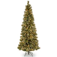 National Tree 6.5' Glittery Bristle Pine Slim Tree with 400 Warm White Led Lights w/ Diamond Caps