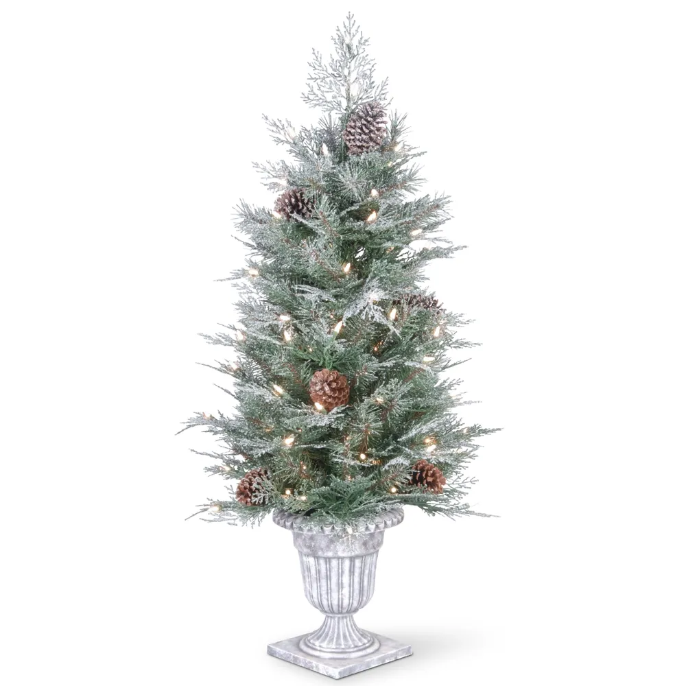 National Tree Company 4' Feel Real Frosted Mountain Spruce Entrance Tree in Silver Urn w Clear Lights