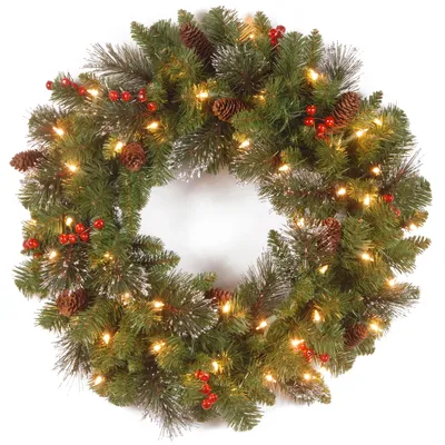 National Tree Company 20" Crestwood Spruce Wreath with Silver Bristle, Cones, Red Berries and Glitter with 35 Clear Lights