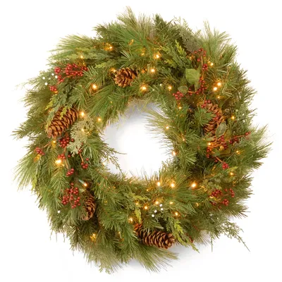 National Tree 30" White Pine Wreath with Pine Cones and 100 Soft White Led Battery Operated Lights