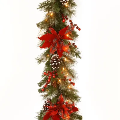 National Tree 9' X 12" Decorative Collection Tartan Plaid Garland with Cones, Red Berries, Poinsettas and 50 Soft White Battery Operated LEDs with Tim