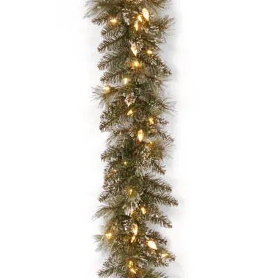 National Tree Company 9' x 10" Glittery Bristle Pine Garland with 100 Soft White Led Lights with C7 Diamond Caps