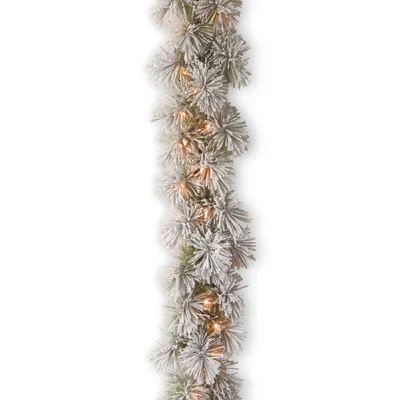 National Tree Company 9' x 12" Snowy Bristle Pine Garland with 70 Clear Lights