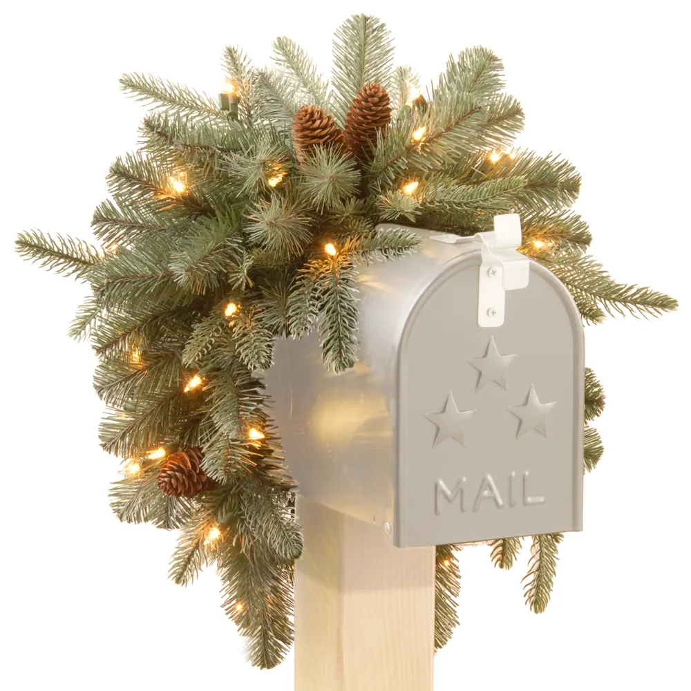 National Tree 36" Frosted Arctic Spruce Mailbox Swag with Battery Operated Warm White Led Lights