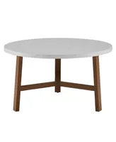 30 inch Round Coffee Table in Faux White Marble and Acorn