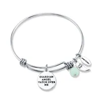 Unwritten Angel Charm and Amazonite (8mm) Bangle Bracelet in Stainless Steel with Silver Plated Charms