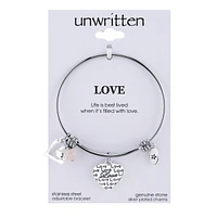 Unwritten Love Charm and Rose Quartz (8mm) Bangle Bracelet in Stainless Steel with Silver Plated Charms